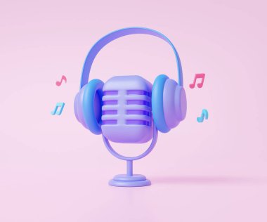Kulaklıklı Retro mikrofon pembe pastel arka planda müzik, podcast dinleme eğlencesi, müzikal stüdyo karaoke konsepti. Minimum tatlı çizgi film. 3d resimleme