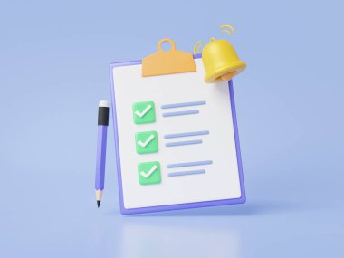 Çan bildirim panosu kağıt teminatına sahip kontrol listesi simgesi. Kaliteli müşteri bilgisi finansal iş sınavı belgesi. Pastel arka planda yüzen doğru işaret. 3d hazırlayıcı