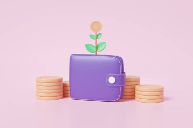 İçinde para birikintilerinin bulunduğu cüzdan para yığınları, bütçe fonu faiziyle büyüyen yatırımlar, pembe arka planda başarılı iş geliştirme kavramını finanse ediyor. Çizgi film minimumu. 3d oluşturma