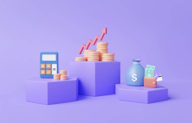 3D kaidesel Finansal Grafik Ekonomik Analiz Hesap Makinesi ve bir çanta dolusu cüzdan. Mor arka planda bilgi işi yatırım fonu depoziti. Minimum çizgi film. 3d oluşturma