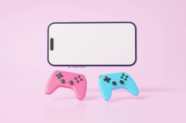 Cep telefonu beyaz ekran oyun joystick kumandaları pembe pastel arka planda yüzen konsol simgesi. Analog oyun konsepti. canlı yayın, multimedya, minimal çizgi film, e-spor. 3d resimleme