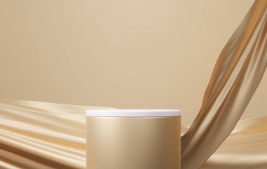 Pedestal altın rengi, soyut sahne arka planı, kumaş titreşimli geometrik, podyum bir kat eğimli duvar ürün sunumu, kompozisyon, kozmetik platformu. 3d oluşturma