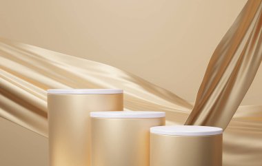 Kumaş titreşimli geometrik, podyum üç katlı platform ürün sunumu, altın kaide lüks kompozisyonu, kozmetik, ayakta duran elementler markalaştırma