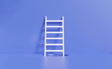 Merdiven beyazı motivasyon gelişimi adım adım. Mor pastel arka planda büyüyen bir iş fikri icat etme vizyonu hedefi. En az çizgi film tarzı. 3d resimleme