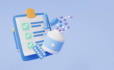 3 Boyutlu ilaç, sağlık sigortası, pano kağıdı, sağlık kontrolü kalp atışı doktor konsepti. Teşhis, sigorta raporları, ilaç şişesi servisi. 3d resimleme