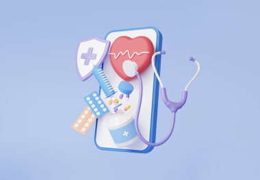 İnternet üzerinden sağlık doktoru konsepti. uygulamalı cep telefonunda stetoskop tanısı koruma sigorta rapor bilgi servisi aşısı sağlık kontrolü kalp atışı ilacı. 3d oluşturma