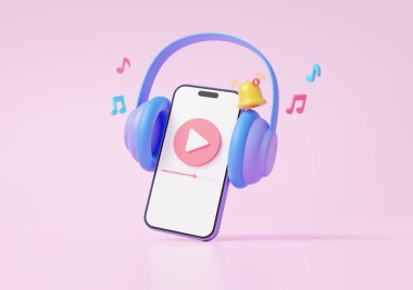 Mobil modern video, pembe arka planda kulaklık, podcast dinleme eğlencesi, müzikal stüdyo karaoke konsepti. Kablosuz medya bağlantısı yayını. 3d resimleme