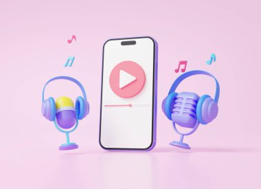 Akıllı telefon ikonu, mikrofon kulaklıklı, pembe arka planda yüzen video, podcast dinleme eğlencesi, müzikal stüdyo karaoke konsepti. Kablosuz medya bağlantısı. 3d oluşturma
