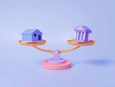 Ölçek konsepti. Ev fonu emlak bankacılığına karşı. Yatırım eğitimini tasarruf parasıyla finanse etmek, bütçe dengesi Pastel arka planda çizgi film tarzını karşılaştırmak. 3 boyutlu görüntüleme. resimleme