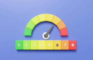 3D görüntüleme 6 numaralı hız göstergesi simgesi bilgi, ok noktası ölçeği hız yüksek durum kırmızı, performans, puanlama risk seviyesi, metre, mor arkaplan üzerinde takometre