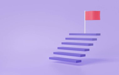 3D merdiven stratejisi adım adım ticaretin büyümesi, kırmızı bayrak hedefi kavramı başarılı. Pastel arka planda başarı performansı şampiyonu en az çizgi film kahramanı. 3d resimleme