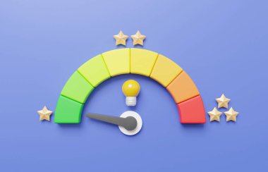 Yıldız hız göstergesi performansı, işaret derecesi risk seviyeleri, metre, takometre, mor arkaplandaki takometre ile ok puanı düşük statü yeşili. Minimum tatlı çizgi film. 3d resimleme