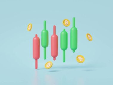 Büyüme istatistik ticareti konsepti. satın al, sat, kripto para ticareti btc veya bitcoin, finans işi dijital para değişimi. Strateji piyasası mavi arka planda. 3d resimleme