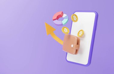 Dijital cüzdan kripto para ticareti btc veya bitcoin alım-satımı, cep telefonu finans sektörü yatırımıyla. Büyüme istatistik tüccarı konsepti. Pankart, şifreli takas, çizgi film minimumu. 3d oluşturma