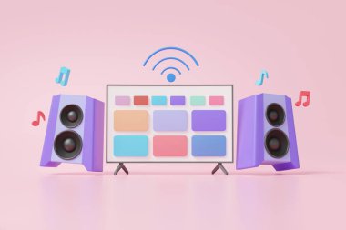 Pembe pastel arka planda enstrüman hoparlörü, kablosuz sosyal medya bağlantısı, internet, pankart, karikatür minimal tarzı ile video oynatan 3D akıllı tv wifi modern listesi. 3d resimleme