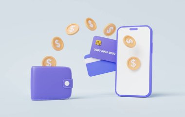 Uygulama cep telefonu para transferi dijital cüzdana dolar para, nakit geri konsept. Finans tasarrufu. Geri ödeme yatırımı, teknoloji internet bankacılığı. Minimum çizgi film. 3d resimleme