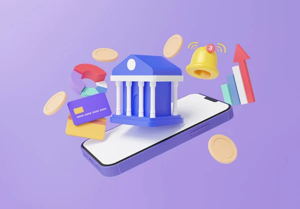 Minimal cartoon statistics grow pay money via app mobile Internet banking online payments bill card and coins floating on purple background, exchange transfer concept. 3d render illustration