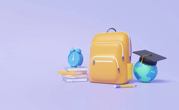 Minimal cartoon backpack icon with stack book and alarm clock on purple pastel background. Back to school. Schoolbag education training learning concept. element banner. 3d rendering illustration