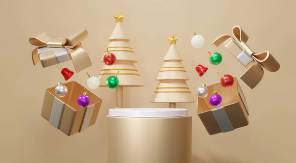 Presentación Producto Flotante Caja Regalo Marry Navidad Banner Beige Oro — Foto de Stock