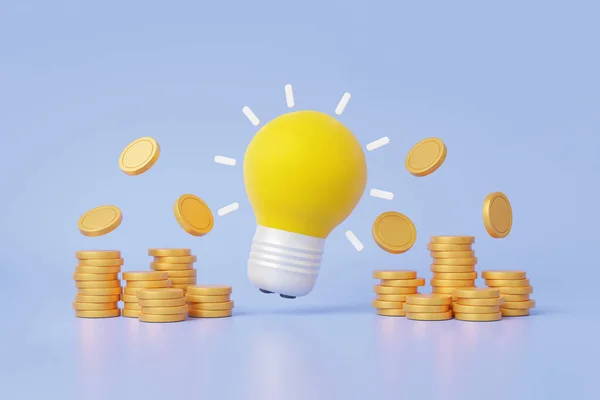 Yellow light bulb on pastel background stack coins money competition combine budget investment startup idea concept. invention business project support. 3d rendering illustration