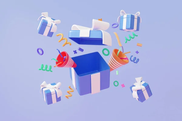 Open Verrassing Geschenkdoos Viering Confetti Met Partij Popper Kleurrijke Felicitatie — Stockfoto