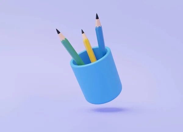 铅笔图标漂浮在紫色粉刷背景上 简单的设备文具教育培训理念 画出设计极小的卡通可爱流畅 元素图形 3D渲染说明 — 图库照片