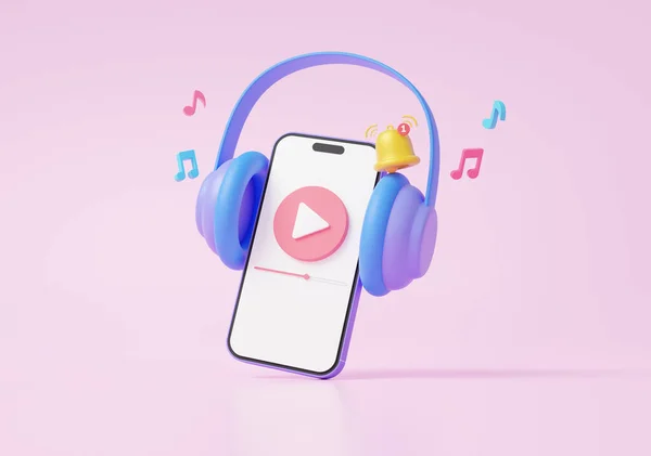 Mobilní Moderní Přehrávání Videa Sluchátky Plovoucí Růžovém Pozadí Podcast Poslech — Stock fotografie