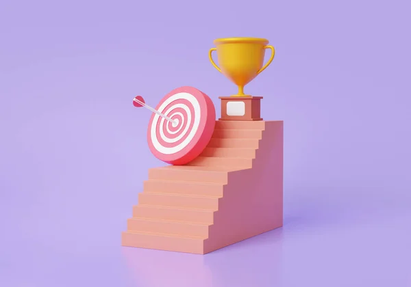 Trophy cup with embroidered arrow achievement target successful concept on pastel background. Minimal cartoon staircase strategy step by step growth of business, banner. 3d rendering illustration