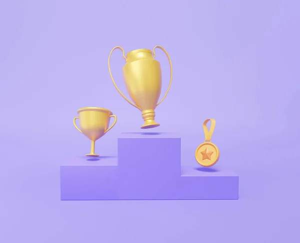 漫画最小限のかわいい滑らかな トロフィーカップで金メダルを獲得しました 2番目と3番目の台座 紫を基調としたチャンピオン1位のコンセプト 3Dレンダリング図 — ストック写真