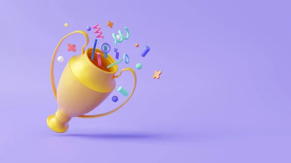 3D Cartoon minimal trophy cup icon floating purple pastel background. sport banner cute smooth. copy space, reward, prize, congratulations, champion 1st winner concept. 3d render illustration