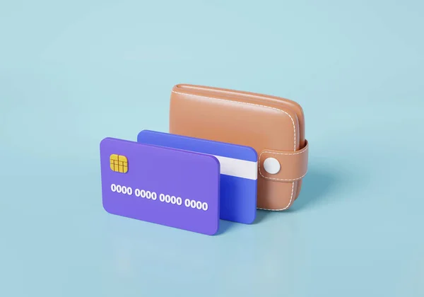 Brown wallet with credit debit card top view isometric. Cash back digital wallet concept. finance online payment on isolated, sky blue background, banner. cartoon minimal style. 3d render illustration