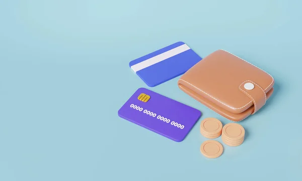Cash back digital wallet concept. Brown wallet with credit debit card top view isometric. finance online payment on isolated, sky blue background, banner. cartoon minimal style. 3d render illustration