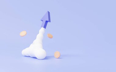 3 boyutlu ok vizyonlu iş yatırımı başlangıç konsepti. Uzay gemisi duman ve bozuk para püskürtüyor. Liderlik gelecekteki yenilik, büyüme finans, çizgi film en az sevimli pürüzsüz. 3d resimleme