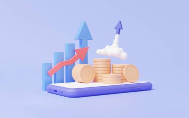 Dijital büyüme pazarlama konsepti. Uzay gemisi ok roketi SEO ya da Arama Motoru optimizasyonu çevrimiçi finans sektörü büyüme web analitik grafiği ve madeni paralar cep telefonunda. 3d resimleme çizimi