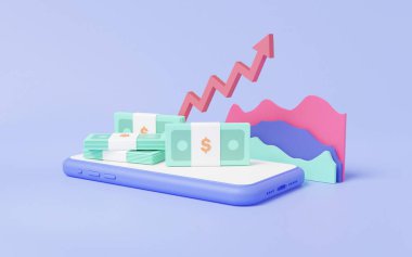 Bütçe fonu dijital büyüme grafiği pazarlama konsepti. Arama motoru, optimizasyon çevrimiçi finans sektörü büyümesi web ok analizi grafiği ve cep telefonu banknot yığını. 3d çizim illüstrasyonu