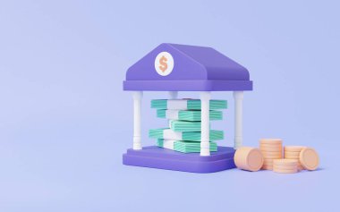 3D karikatür, banknot ve madeni paralar yığını, iş yatırımı finans konsepti ile en az mor banka binasını oluşturur. Para mevduat işlem güvenliği. Finansal bütçe ekonomisi. resimleme