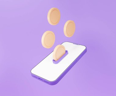 Değişim parasını mor arka plandaki internet bankacılığı telefonuna yatır. Çevrimiçi ödemeler akıllı telefondan yüzer. Dükkan geri ödeme konsepti. En az çizgi film tarzı. 3d hazırlayıcı