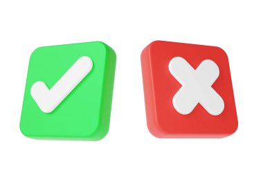 Üç boyutlu simge doğru yeşil işaret ve yanlış kırmızı işaret, evet ya da hayır, onaylanmış, reddedilmiş, doğru, yanlış, izole edilmiş beyaz arka plan, minimal çizgi film tarzı, şirin pürüzsüz. 3d resimleme
