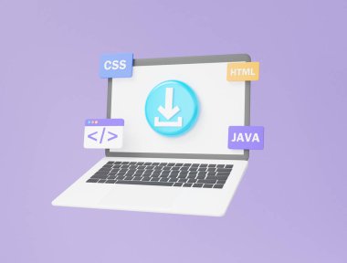 Bilgisayar dizüstü bilgisayarı Web UI-UX tasarım yazılım geliştiricisi konseptini oluşturur. Mor arkaplan programlama projesinde dil geliştirme. veritabanı indirme. 3d hazırlayıcı