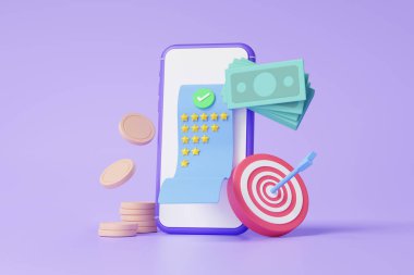 Uygulama internet bankacılığı ile para öde, Online ödemeler cep telefonu işletim konseptinde yüzen yıldız puanı faturası. İzole edilmiş mor arka plan. Minimum çizgi film. 3d resimleme