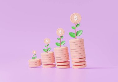 Madeni paralar, büyüyen yatırımlar, büyüyen paralar, büyüyen ağaçlar, büyüyen paralar, büyüyen paralar, büyüyen şirketlerin finansmanı. Çizgi film tarzı asgari. 3d resimleme