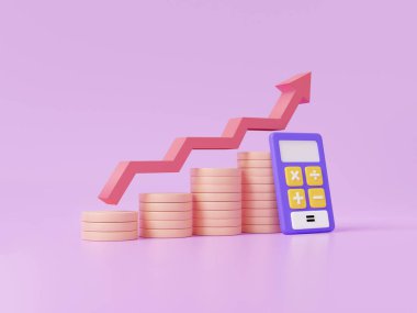 Ok büyüme hesap makinesi ve yığınla bozuk para, Finansal grafik ekonomisi analitik strateji yatırımı. Maliyet azaltma eğitim konsepti. mor arka planda. 3d resimleme