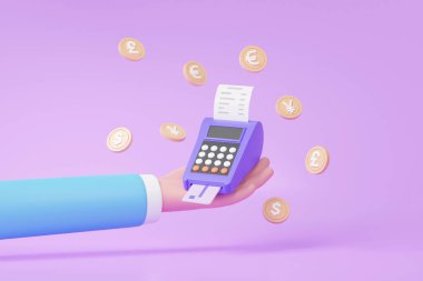 Kart ödeme terminali POS terminali. Online alışveriş madeni paraları pound, yen, euro, dolar, para birimi mor arka planda yüzüyor. İşlem. 3D tasvir. En az çizgi film