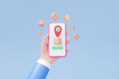 3D el ele tutuşma siparişi cep telefonu paketleriyle kutu harita harita pin konumu yüzen konsept. Model yol ve ofis nakliyesi. Servis ekspres bagajı. Boşluğu kopyala, pankart, 3d görüntüleme