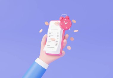 Online akıllı telefon ödeme faturası ve mor arka planda yüzen saati olan bozuk paralar uygulama mobil internet bankacılığı, döviz aktarımı konsepti ile ödeme yapın. Minimum çizgi film. 3d oluşturma