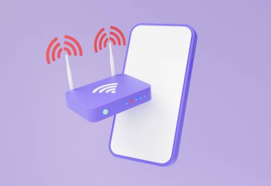 Cep telefonuyla kablosuz modem bağlantı ağı. Mor arka planda yüzen internet kablosuz yönlendiricisi. Sinyal bağlantısı konsepti. En az çizgi film tarzı. 3D görüntüleme. resimleme
