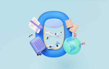 3D Uçuş Pencere Uçak Seyahati Turizm Uçak Geçiş kartı dünya turu planlama bavulu ve lokasyon valizi ve harita tatil turu yaz konsepti. 3d resimleme