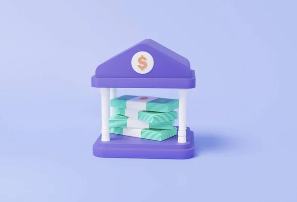 Mínimo Catoon Edificio Bancario Púrpura Con Pila Billetes Concepto Financiación — Foto de Stock