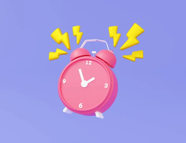 ピンクの時計のアイコンアナログは 孤立したパステルの背景に浮かぶ雷鳴で時間を伝えます ミニマル漫画の目覚まし時計かわいい滑らかな創造的なアラート強力なコンセプト 3Dレンダリング図 — ストック写真