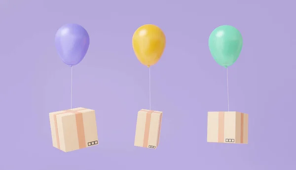 Drie Paars Oranje Groene Ballon Vliegende Pakketten Doos Drijvend Met — Stockfoto